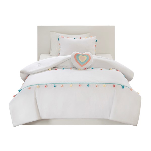 Mi Zone Kids Tessa Tassel Comforter Set with Heart Shaped Throw Pillow in White, Full/Queen MZK10-169