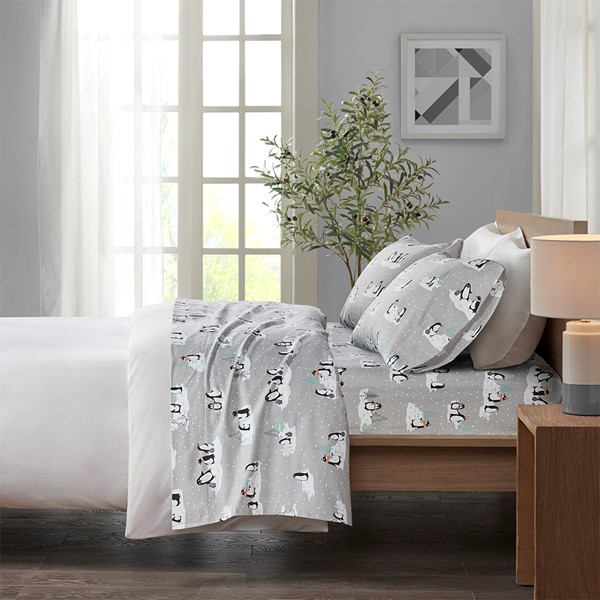 True North by Sleep Philosophy Cozy Cotton Flannel Printed Sheet Set in Grey Penguins, Twin TN20-0365