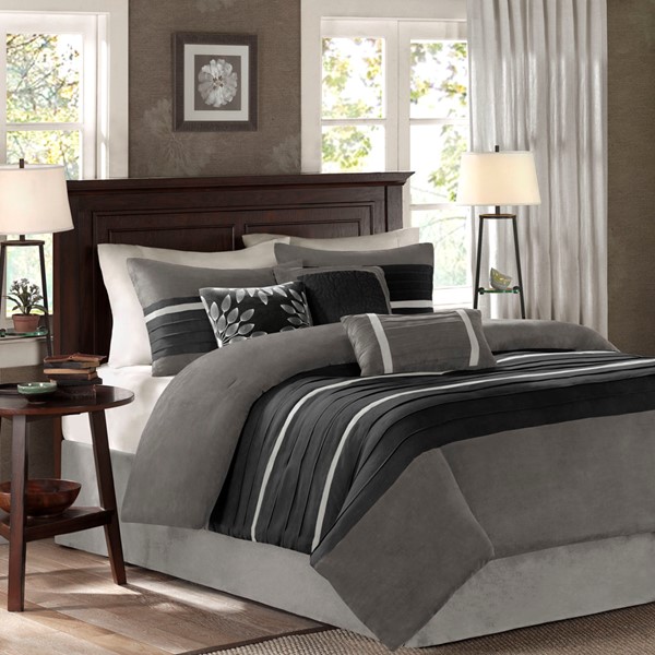 Madison Park Palmer 7 Piece Pieced Faux Suede Comforter Set in Black, King MP10-424