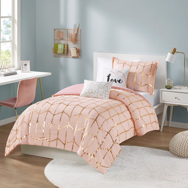 Intelligent Design Raina Metallic Printed Comforter Set in Blush/Gold, Twin/Twin XL ID10-1246