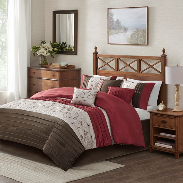 Madison Park Serene Embroidered 7 Piece Comforter Set in Red, Queen MP10-307