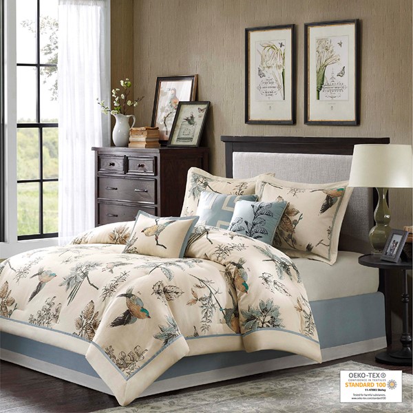 Madison Park Quincy 7 Piece Printed Cotton Twill Comforter Set in Khaki, Queen MP10-758