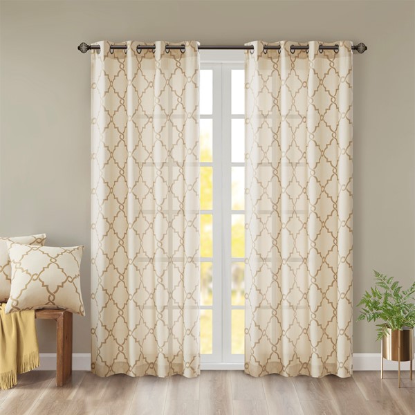 Madison Park Saratoga Fretwork Print Grommet Top Window Curtain Panel in Beige/Gold, 50x108" MP40-3600