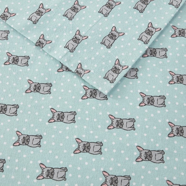 True North by Sleep Philosophy Cozy Cotton Flannel Printed Sheet Set in Aqua French Bulldog, Twin TN20-0221