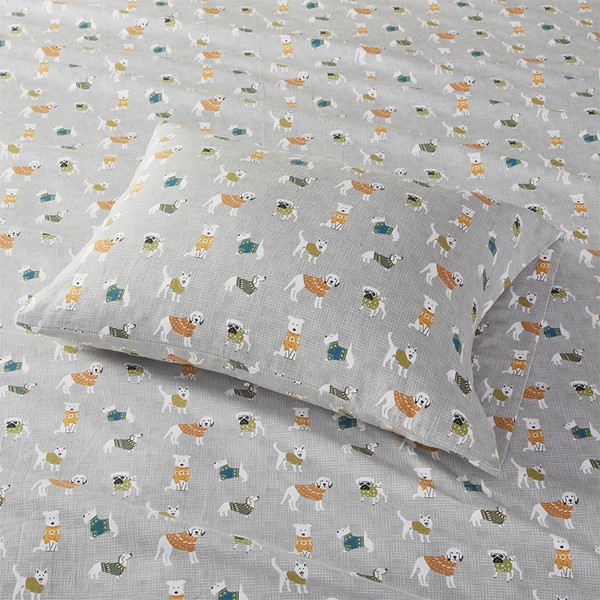 True North by Sleep Philosophy Cozy Cotton Flannel Printed Sheet Set in Grey Dogs, Full TN20-0379