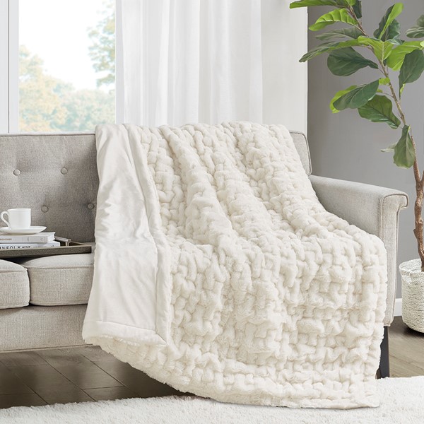 Madison Park Ruched Fur Throw in Ivory, 50x60" MP50-3091