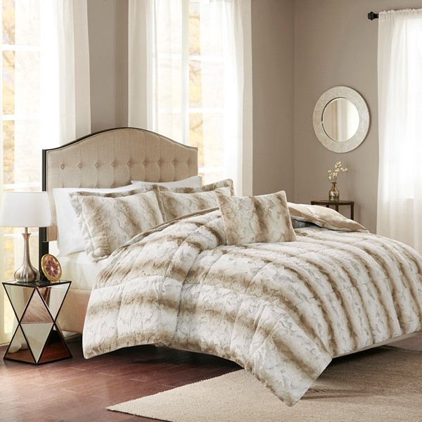 Madison Park Zuri Faux Fur Comforter Set in Sand, King MP10-4861