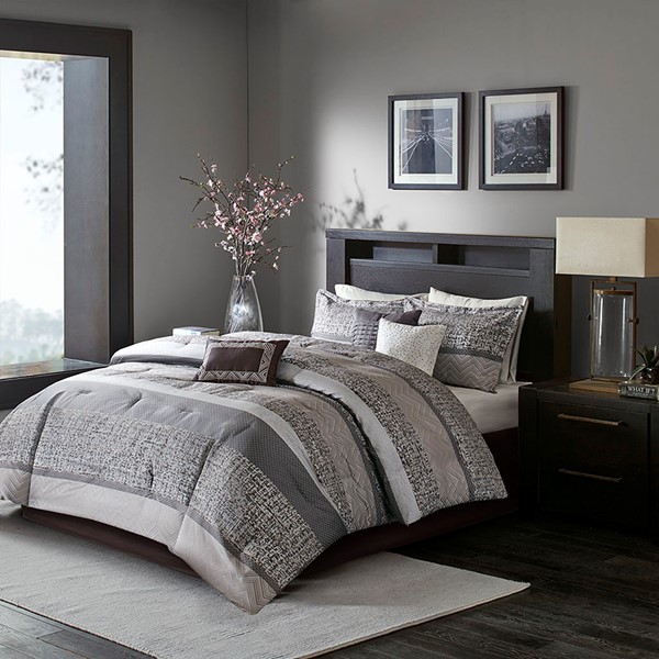 Madison Park Rhapsody 7 Piece Jacquard Comforter Set in Grey/Taupe, Queen MP10-3396