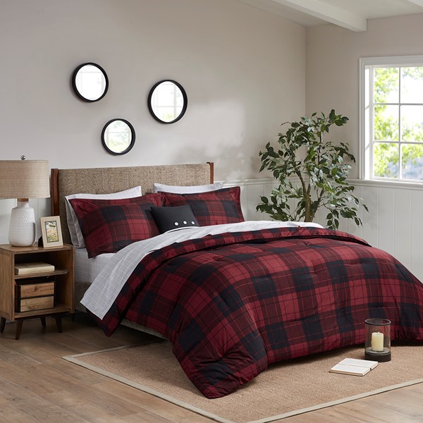 Madison Park Essentials Everest Reversible Comforter Set with Bed Sheets in Red Plaid, King MPE10-897