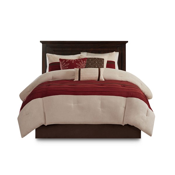 Madison Park Palmer 7 Piece Pieced Faux Suede Comforter Set in Red, Queen MP10-2266