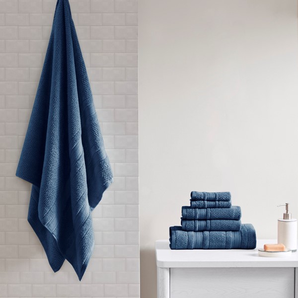 Madison Park Essentials Adrien Super Soft Cotton Quick Dry Bath Towel 6 Piece Set in Blue, 6-Piece MPE73-667