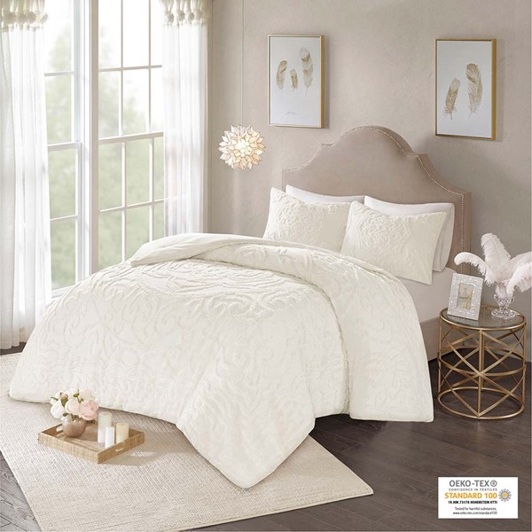 Madison Park Laetitia Tufted Cotton Chenille Medallion Comforter Set in Off-White, Full/Queen MP10-5873