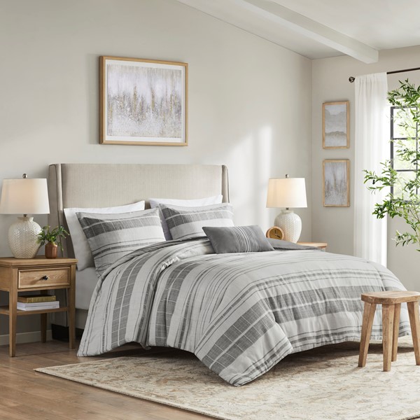 Madison Park Rhodes 4 Piece Stripe Comforter Set with Throw Pillow in Grey/Multi, King/Cal King MP10-8372