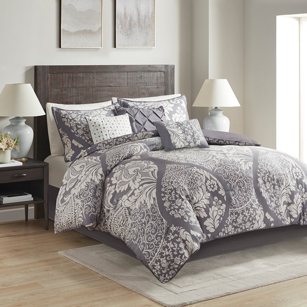 Madison Park Vienna 7 Piece Cotton Printed Comforter Set in Grey, King MP10-502