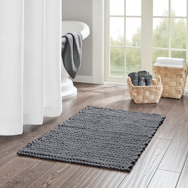 Madison Park Lasso 100% Cotton Chenille Chain Stitch Rug in Charcoal, 24x40" MP72-5831