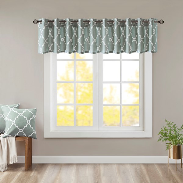 Madison Park Saratoga Fretwork Print Grommet Top Window Valance in Seafoam/White, 50x18" MP41-2405