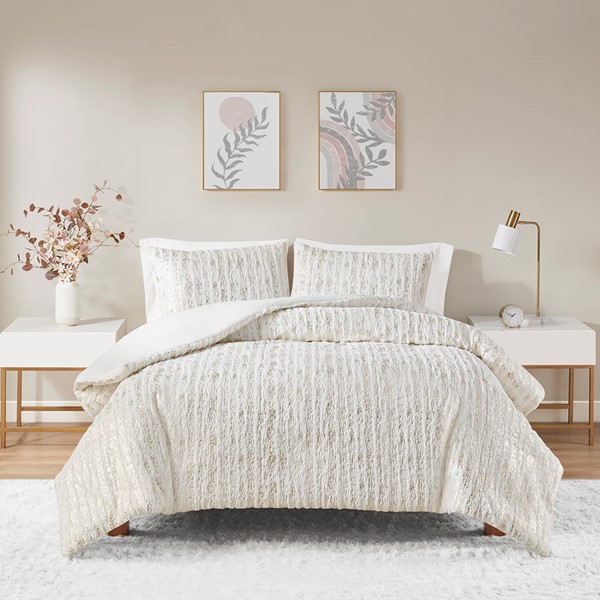 Intelligent Design Naomi Metallic Print Faux Fur Duvet Cover Set in White/Gold, Twin/Twin XL ID12-2245