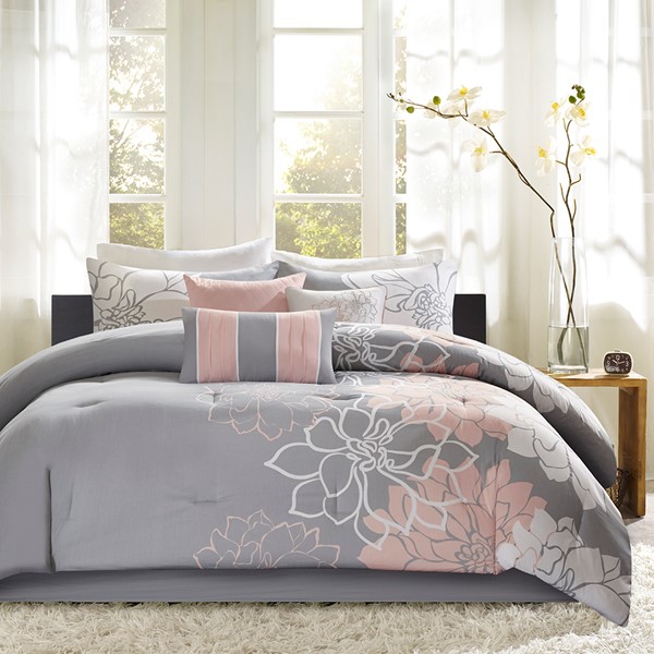 Madison Park Lola Printed Cotton Sateen Comforter Set in Grey/Peach, Queen MP10-5670