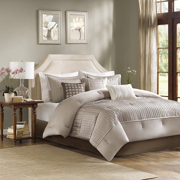 Madison Park Trinity 7 Piece Polyester Charmeuse Comforter Set in Taupe, Queen MP10-931