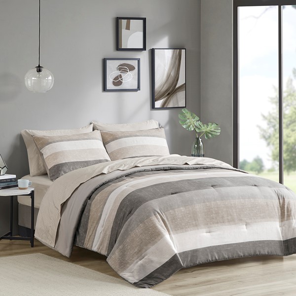 Madison Park Essentials Jaxon Stripe Comforter Set with Bed Sheets in Taupe/Grey, Full MPE10-1037