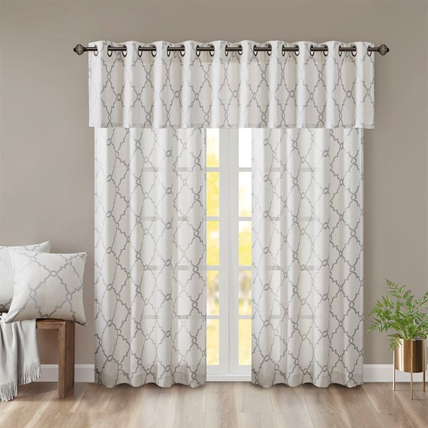 Madison Park Saratoga Fretwork Print Grommet Top Window Valance in Ivory/Grey, 50x18" MP41-2399