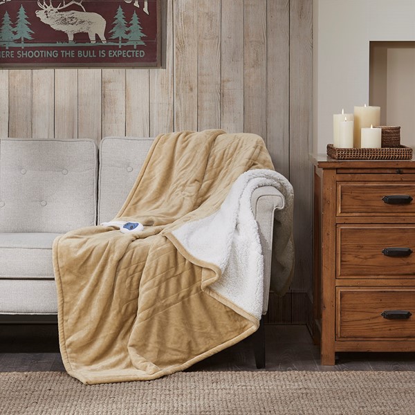 Woolrich Heated Plush to Berber Throw in Tan, 60x70" WR54-1769