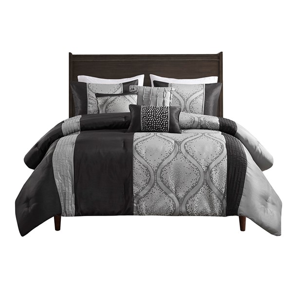 Madison Park Lori 6 Piece Jacquard Comforter Set with Throw Pillows in Black/Silver, Full/Queen MP10-8433