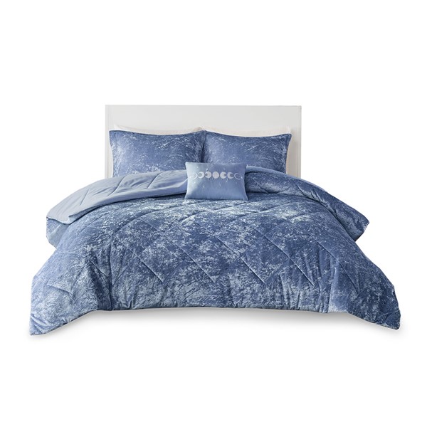 Intelligent Design Felicia Velvet Comforter Set with Throw Pillow in Blue, Full/Queen ID10-2157