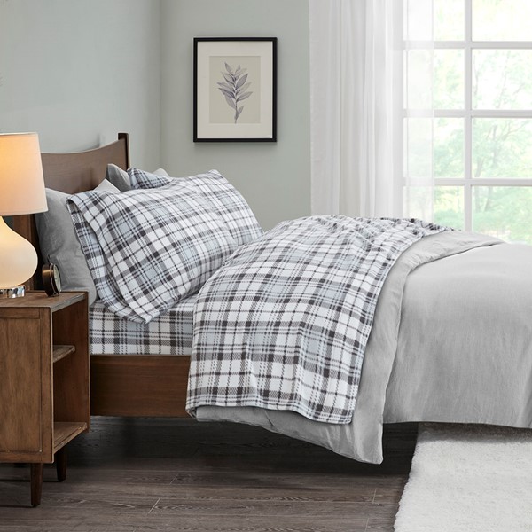 True North by Sleep Philosophy Micro Fleece Sheet Set in Grey Plaid, Queen SHET20-998