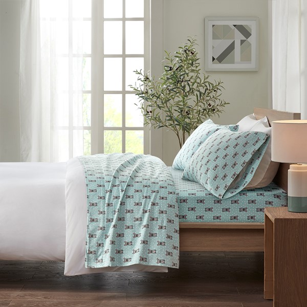 True North by Sleep Philosophy Cozy Cotton Flannel Printed Sheet Set in Aqua French Bulldog, Full TN20-0223