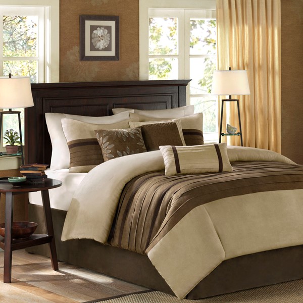 Madison Park Palmer 7 Piece Pieced Faux Suede Comforter Set in Natural, Cal King MP10-303