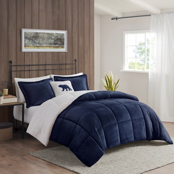 Woolrich Alton Plush to Sherpa Down Alternative Comforter Set in Navy/Ivory, King WR10-2415