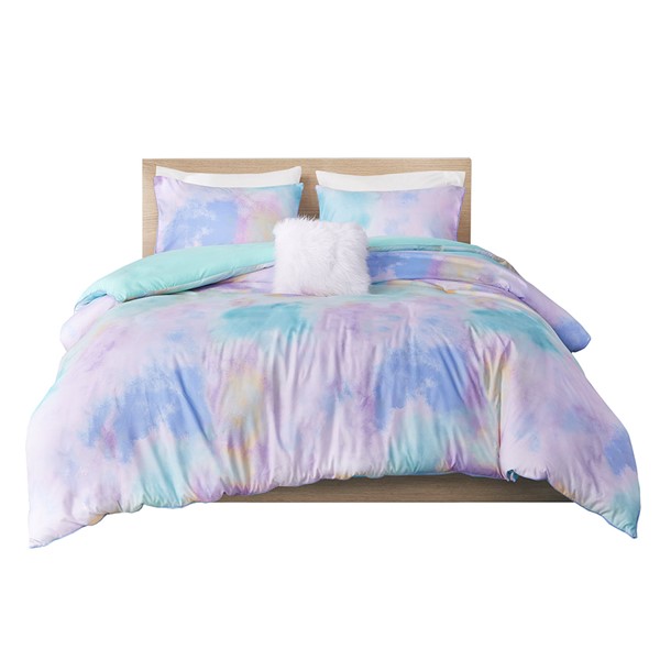 Intelligent Design Cassiopeia Watercolor Tie Dye Printed Duvet Cover Set with Throw Pillow in Aqua, Twin/Twin XL ID12-1989