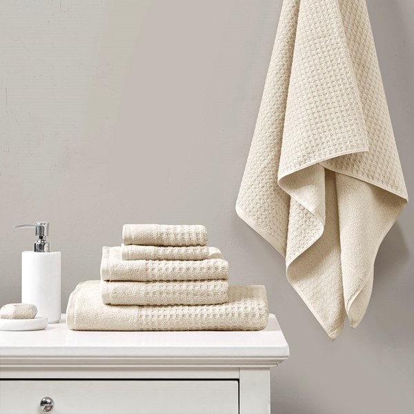 Madison Park Spa Waffle Cotton Jacquard Antimicrobial Bath Towel 6 Piece Set in Natural, 6-Piece MP73-5914