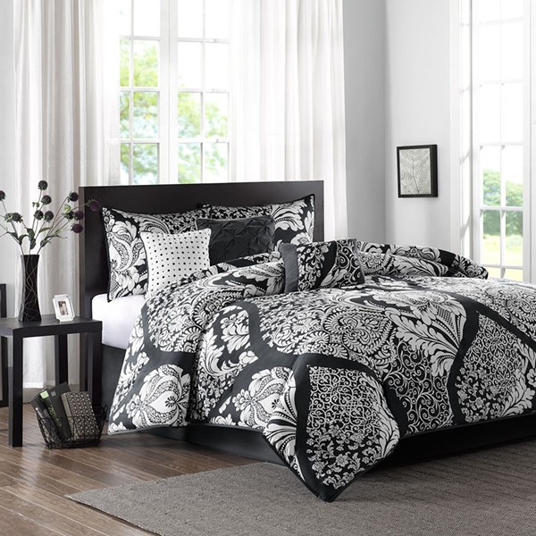 Madison Park Vienna 7 Piece Cotton Printed Comforter Set in Black, Cal King MP10-7955