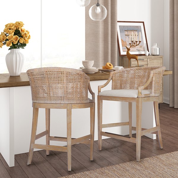 Martha Stewart Playa Handcrafted Rattan Counter Stool 25" H in Natural Whitewash MT104-1194