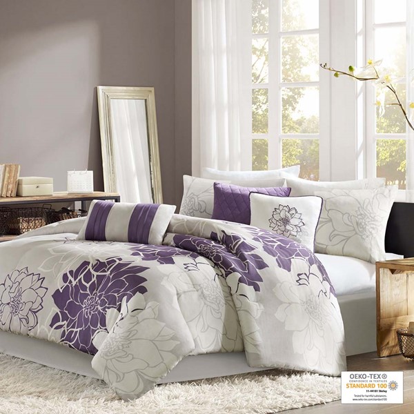 Madison Park Lola Printed Cotton Sateen Comforter Set in Taupe Grey/Purple, Twin/Twin XL MP10-436