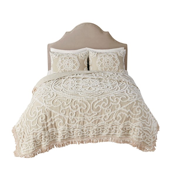 Madison Park Laetitia Tufted Cotton Chenille Medallion Fringe Coverlet Mini Set in Taupe, King/Cal King MP13-7119