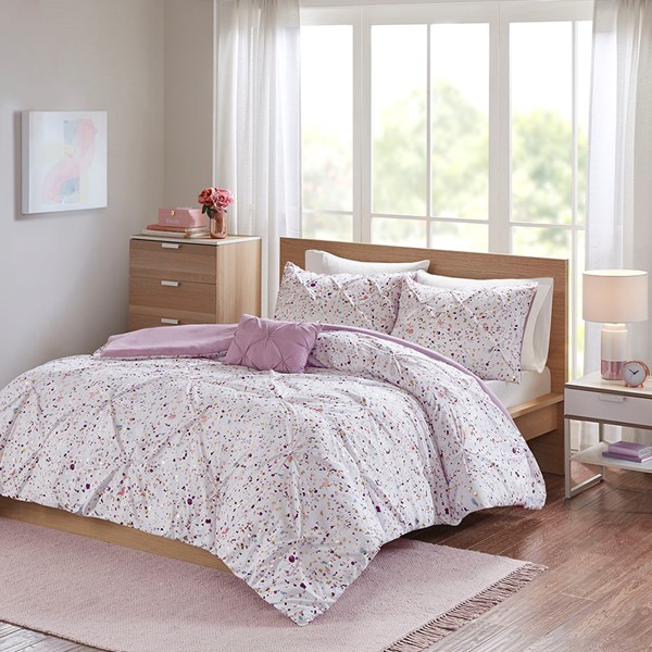 Intelligent Design Abby Metallic Printed and Pintucked Duvet Cover Set in Plum, Full/Queen ID12-1677