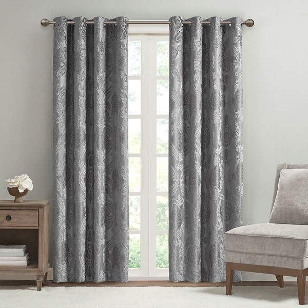 SunSmart Amelia Knitted Jacquard Paisley Total Blackout Grommet Top Curtain Panel in Grey, 50x108" SS40-0199