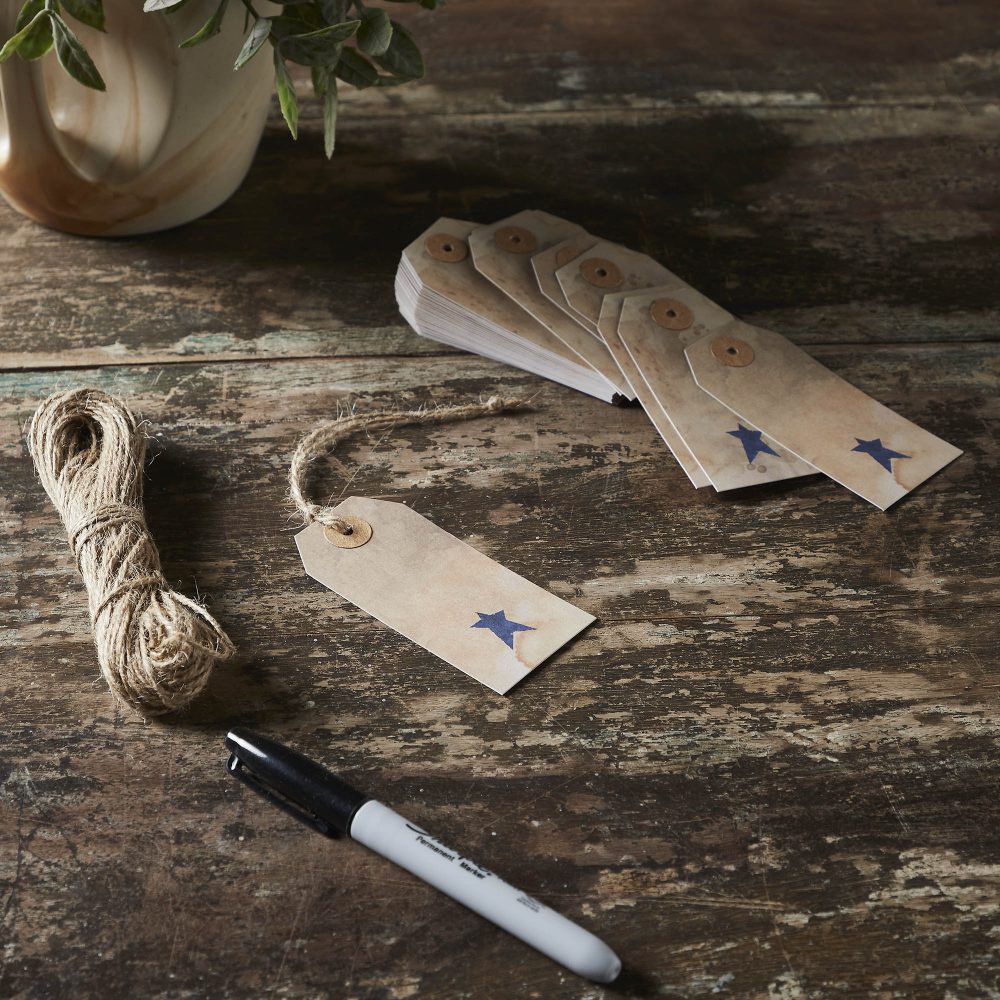 Primitive Star Tea Stained Paper Tag Navy 3.75x1.75 w/ Twine Set of 50