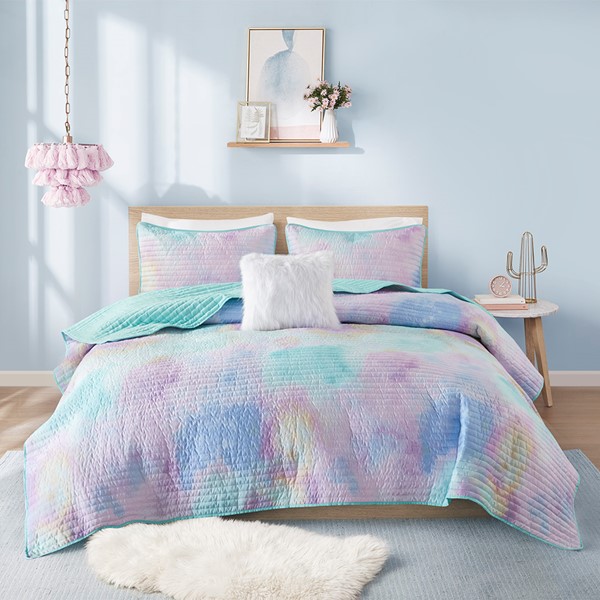 Intelligent Design Cassiopeia Watercolor Tie Dye Printed Quilt Set with Throw Pillow in Aqua, Twin/Twin XL ID13-2289