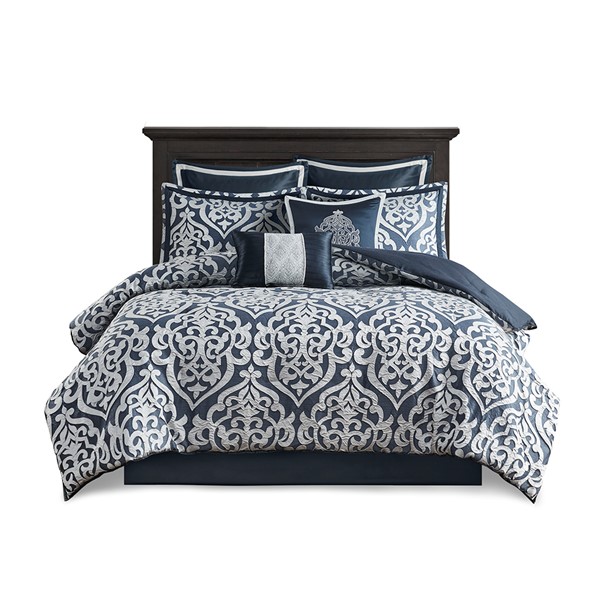 Madison Park Odette 8 Piece Jacquard Comforter Set in Navy/Silver, Cal King MP10-6838