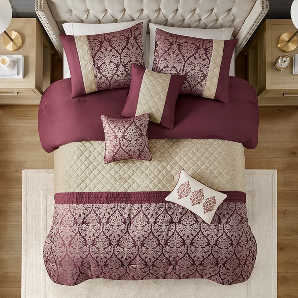 Madison Park Lily 6 Piece Jacquard Comforter Set with Throw Pillows in Plum, Full/Queen MP10-8408