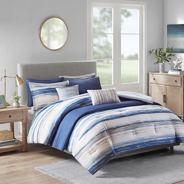 Madison Park Marina 8 Piece Printed Seersucker Comforter and Quilt Set Collection in Blue, Full/Queen MP10-6155