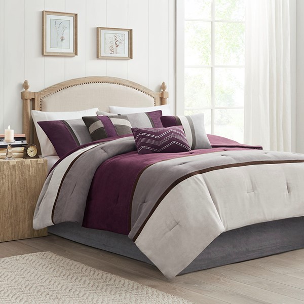 Madison Park Palisades 7 Piece Faux Suede Comforter Set in Purple, King MP10-6176