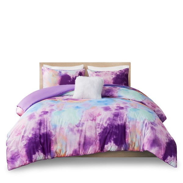 Intelligent Design Cassiopeia Watercolor Tie Dye Printed Duvet Cover Set with Throw Pillow in Lavender, King/Cal King ID12-2260