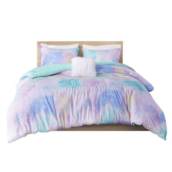 Intelligent Design Cassiopeia Watercolor Tie Dye Printed Comforter Set with Throw Pillow in Aqua, King/Cal King ID10-2261