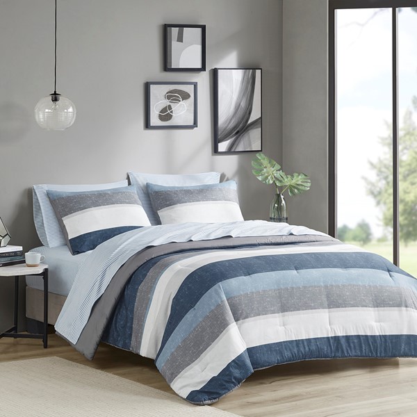 Madison Park Essentials Jaxon Stripe Comforter Set with Bed Sheets in Blue/Grey, Twin MPE10-985