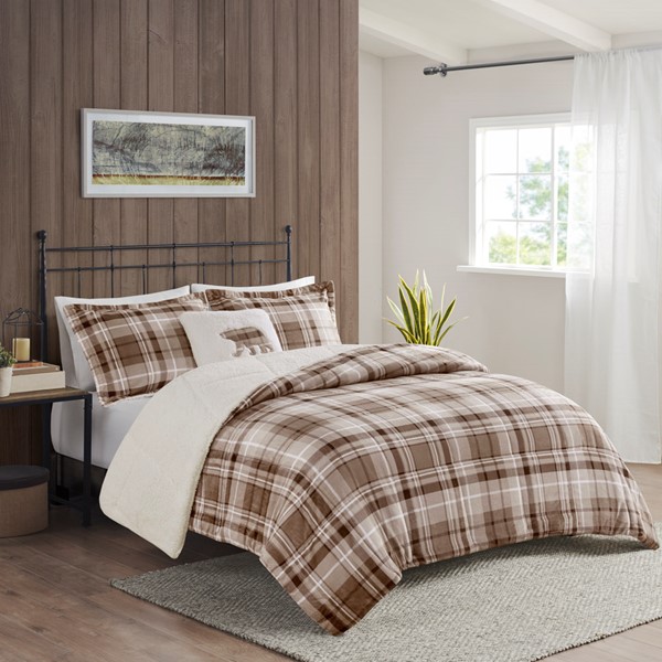 Woolrich Alton Plush to Sherpa Down Alternative Comforter Set in Tan Plaid, King WR10-3328